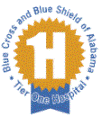 Graphic of a Ribbon that says 1H "Blue Cross Blue Shield of Alabama. Tier One Hospital